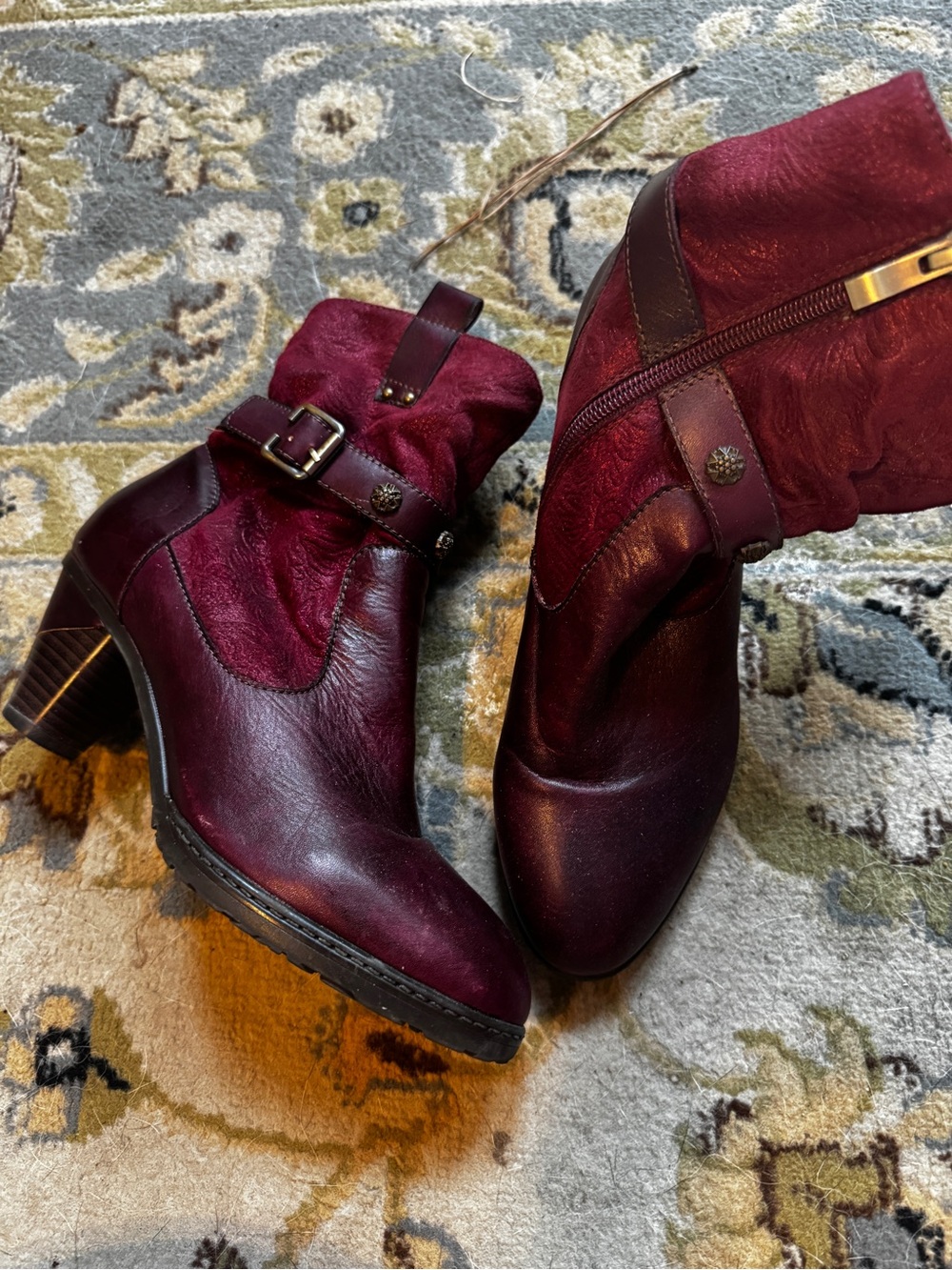 Women's Burgundy Suede & Leather Heeled Ankle Boots